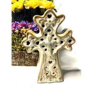 Stone-like Drip Glazed Ceramic Cross Tea Light Candle Holder Luminary Tan White